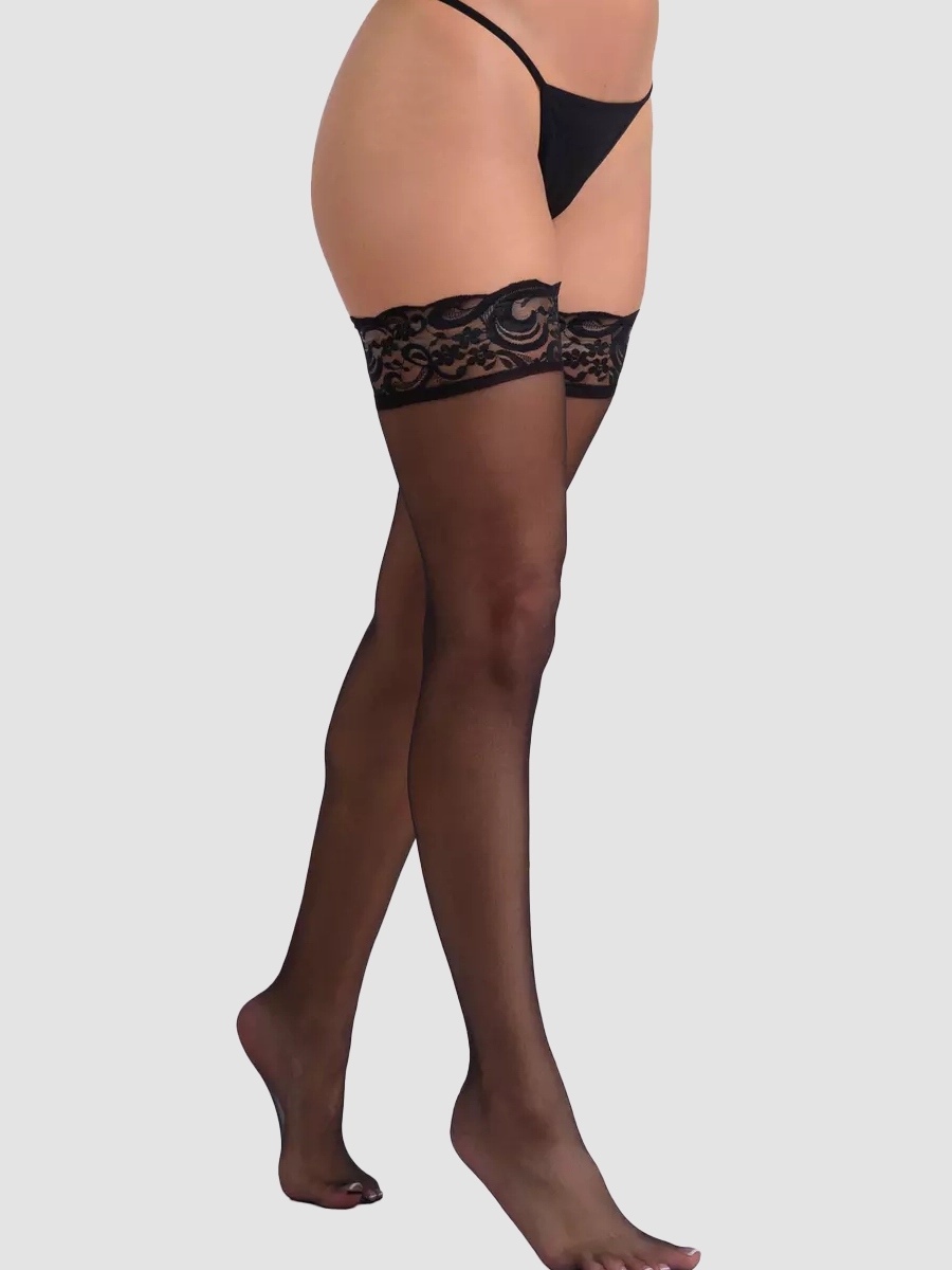 Lovehoney Black Sheer Lace Top Hold-Ups ONE SIZE