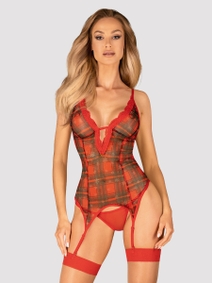 Obsessive Jollymore corset, String, Strumpfhalter red caro
