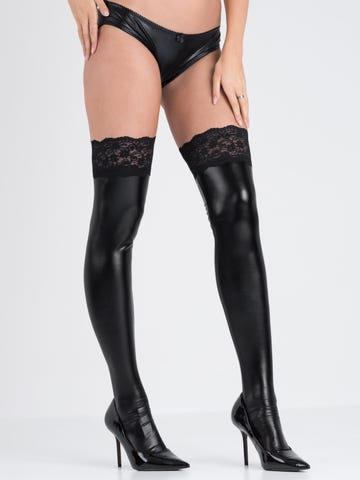 Lovehoney Fierce Wet Look Hold-Ups with Lace Tops