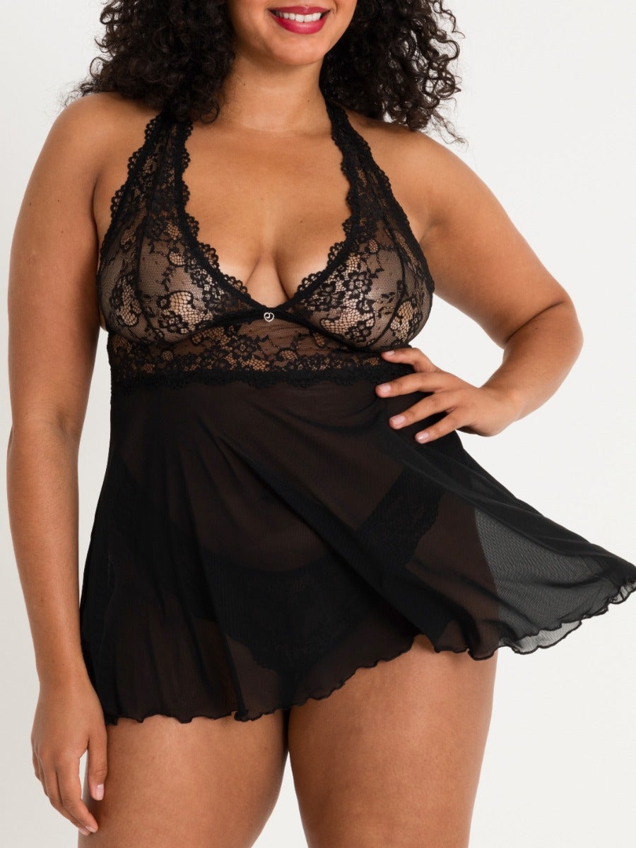 Image of Lovehoney Plus Size Bombshell Babydoll-Set, Schwarz - 1X / 2X - Amorana