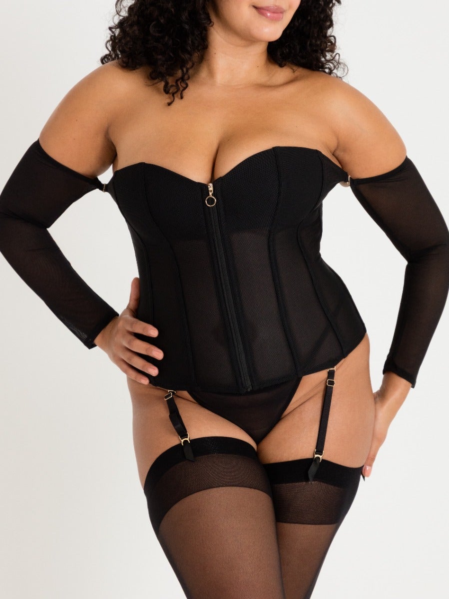 Lovehoney Plus Size Secret Silhouette Korsett mit Stahlstäbchen und langen Ärmeln, Schwarz - 1X / 2X - Amorana