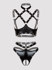 Lovehoney Fierce Tough Love Wet Look Ensemble Soutien-Gorge avec Bonnet et Entrejambe Ouverts