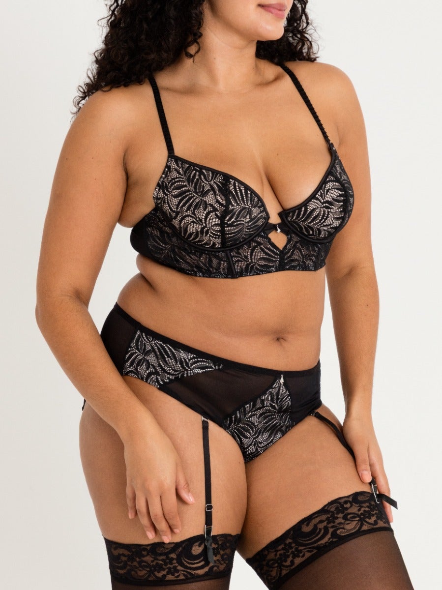 Lovehoney Parisienne Charm Lace Crotchless Bra Set , Schwarz - L - Amorana