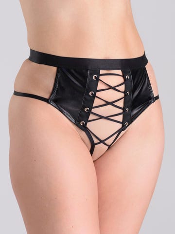 Lovehoney Fierce Leather-Look Lace-Up Black Crotchless Thong