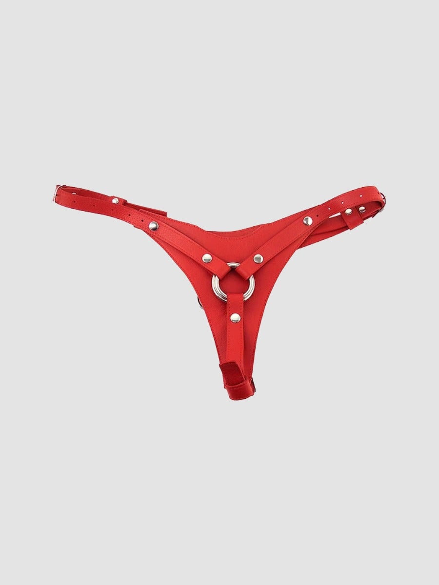 Rouge Leather Female Dildo Harness With Two O-Rings (45mm & 50mm), Farbe: Rot, Rot - Amorana