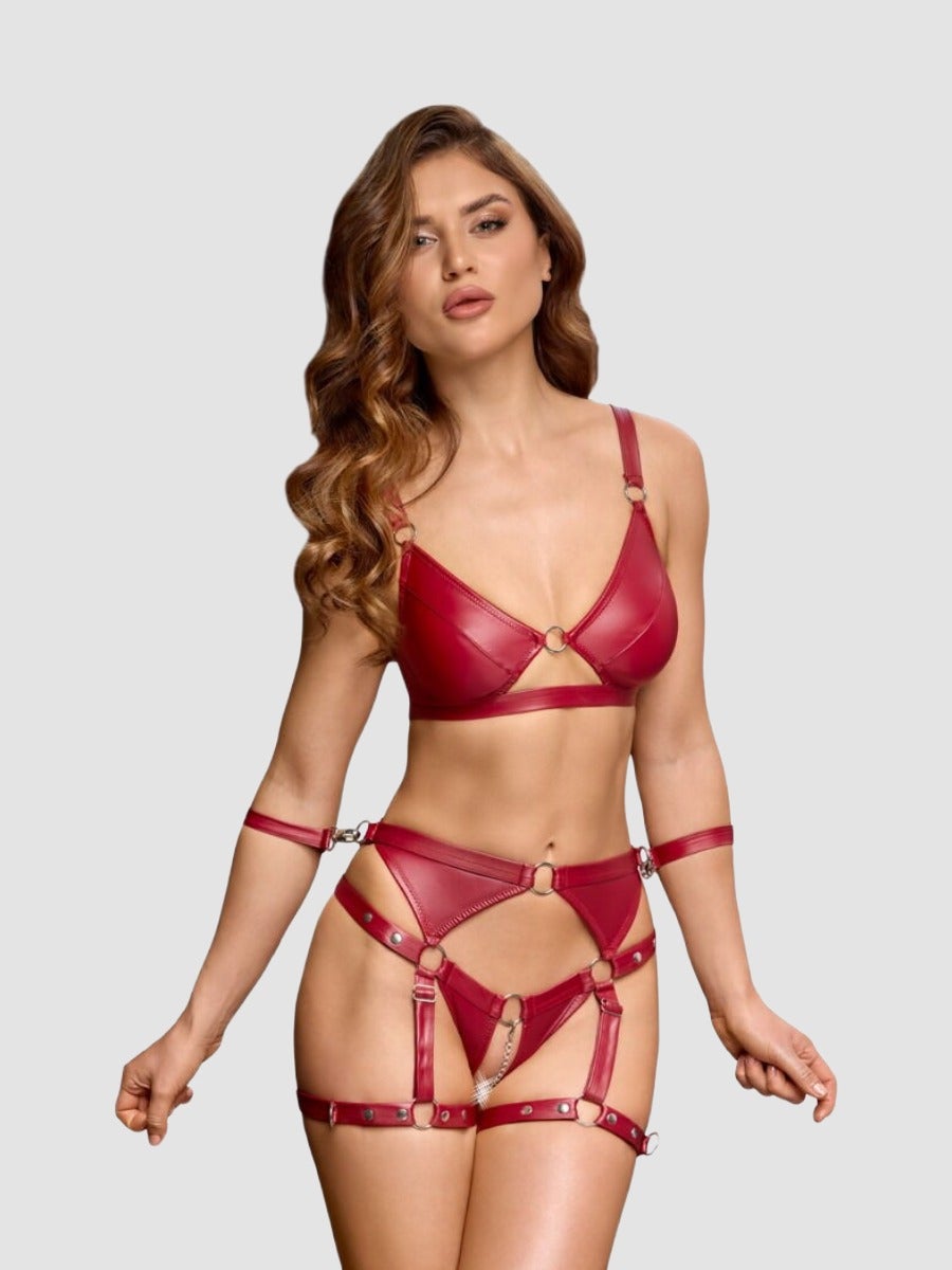 Cottelli Matte Wet Look Crotchless Bra Set with Restraints, Farbe: Rot, Grösse: M, M - Amorana