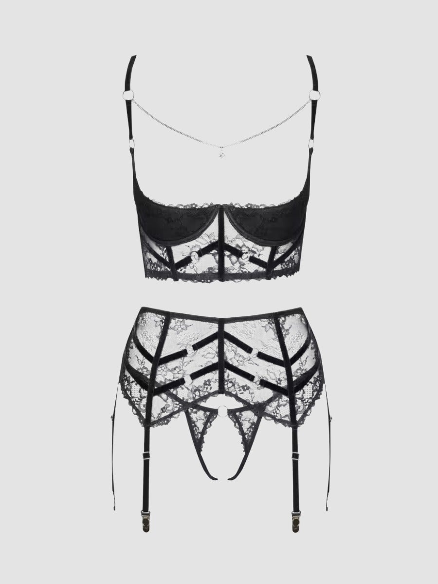 Cottelli Strappy & Lace Detail Crotchless Bra Set, Farbe: Schwarz, Grösse: XL, XL - Amorana