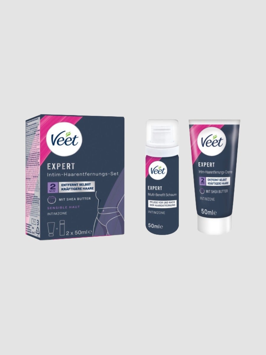 Veet Expert Intim-Haarentfernungs-Set Intim Entfernungscreme & Multi Benefit Schaum - Amorana