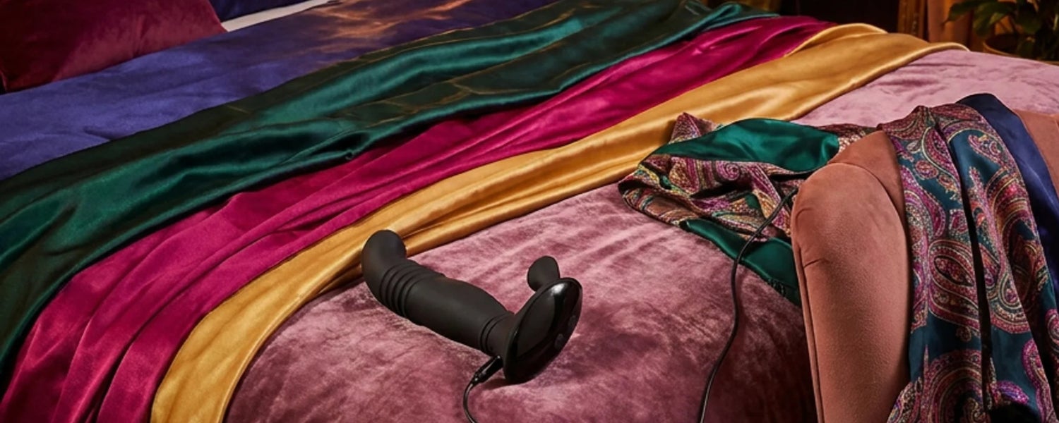 Schwarzes Sextoy mit Kabel liegt auf einem Bett mit glänzenden Stoffen in Pink, Gold und Grün. Daneben sind ein Kissen und gemusterte Textilien zu sehen.