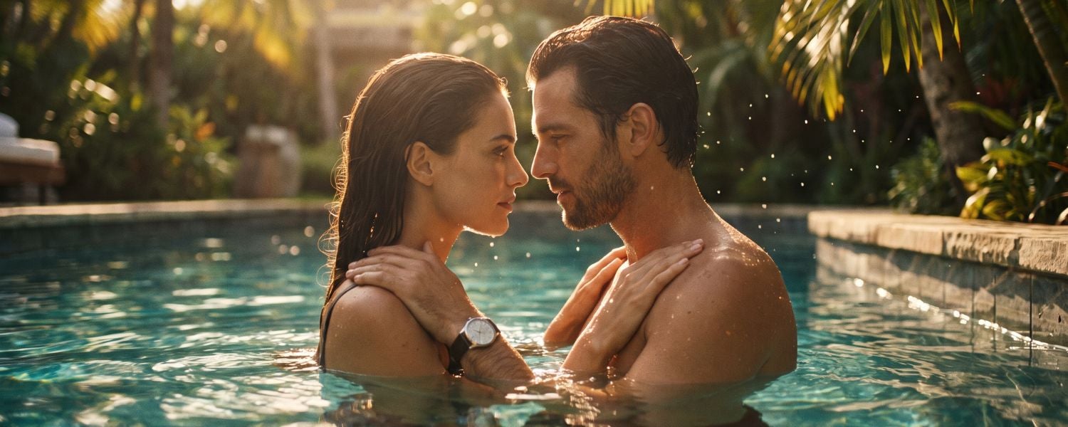 Paar steht sich in einem Hotelpool gegenüber und blickt sich bei goldenem Sonnenlicht intensiv an
