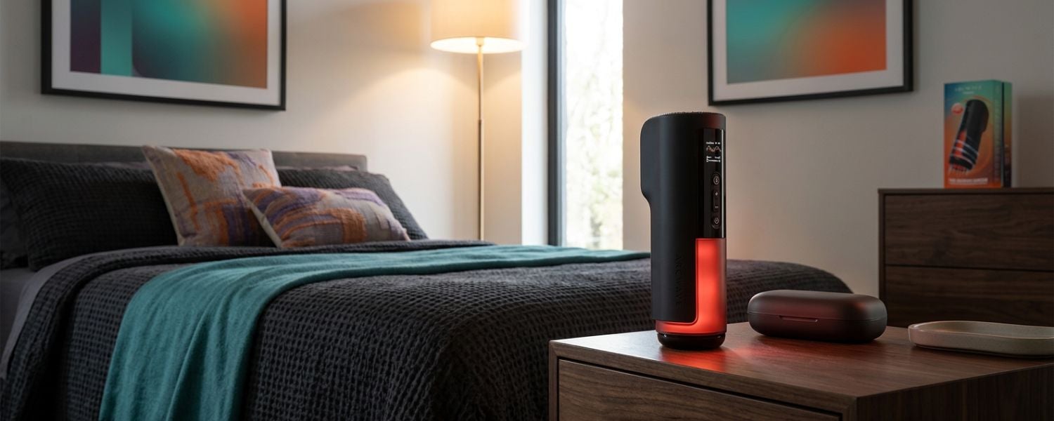 Arcwave Thruster posé sur une table de nuit dans une chambre moderne aux accents turquoise et orange