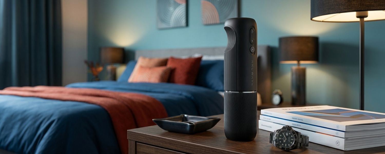Arcwave Orbit Masturbator auf einem Nachttisch in einem stilvollen Schlafzimmer mit blau-roter Einrichtung