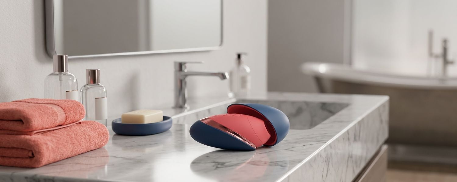 The Womanizer Next Liberty is pictured on a marble bathroom countertop, alongside towels and bathroom accessories, in a modern and elegant setting.