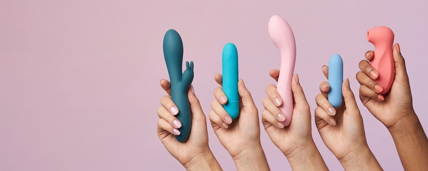 Verschiedene farbenfrohe Sextoys in Händen vor einem pastellrosa Hintergrund, die die Auswahl des ersten Sextoys und die Entdeckung der eigenen Lust symbolisieren.