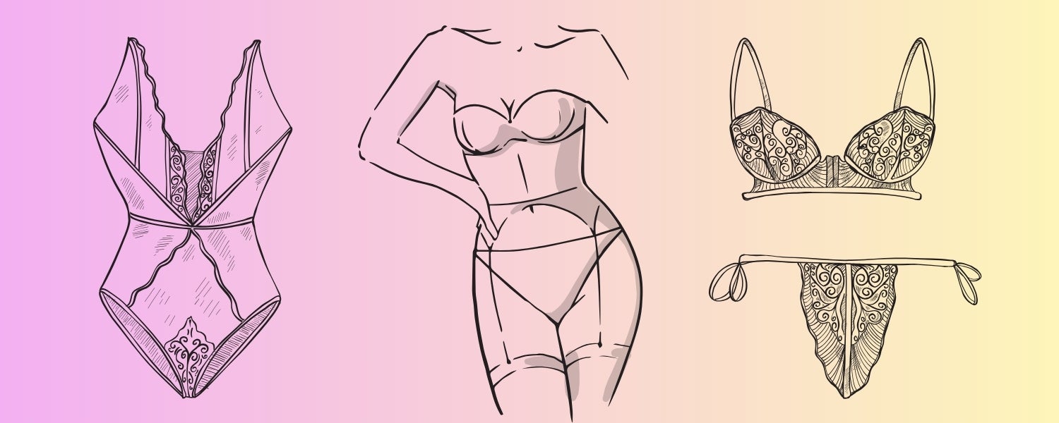 Illustrationen verschiedener Dessous-Styles vor einem rosa-gelben Farbverlauf: Body, Corsage mit Strapsen sowie BH und Slip mit Spitzendetails.