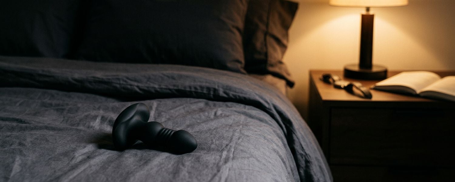 Schwarzer Analvibrator auf dunkler Bettwäsche in einem sanft beleuchteten Schlafzimmer mit sinnlicher, maskuliner Atmosphäre.
