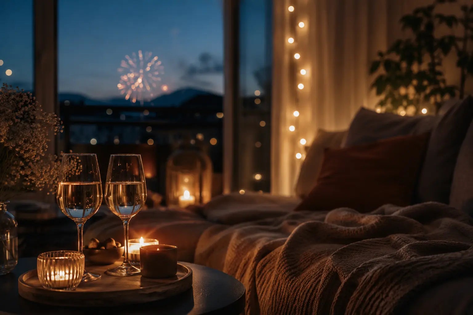 Romantischer 1.-August-Abend mit Feuerwerk und Kerzenschein Zwei Gläser auf einem Tablett mit Kerzen vor einem gemütlichen Bett, während draussen ein Feuerwerk am Abendhimmel zu sehen ist.