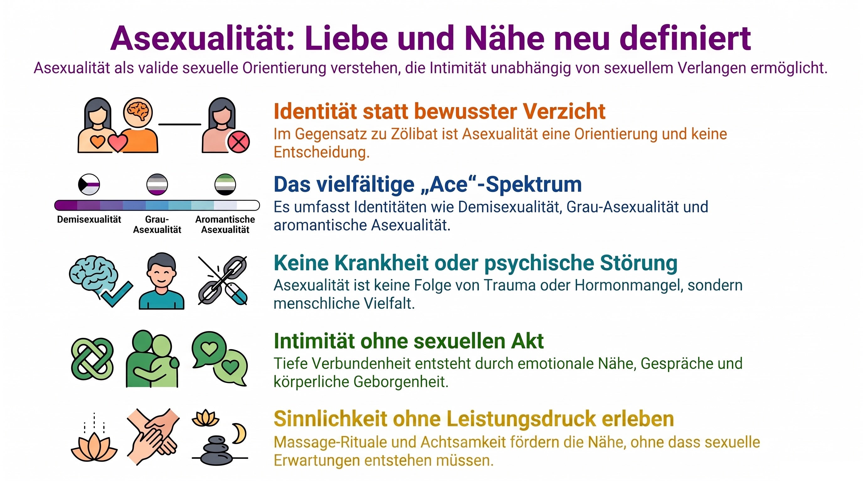 Asexualität: Liebe und Nähe neu definiert Infografik über Asexualität als sexuelle Orientierung. Sie erläutert das Ace-Spektrum, grenzt Asexualität von Zölibat ab und betont, dass Intimität, Nähe und Sinnlichkeit auch ohne sexuelles Verlangen möglich sind.