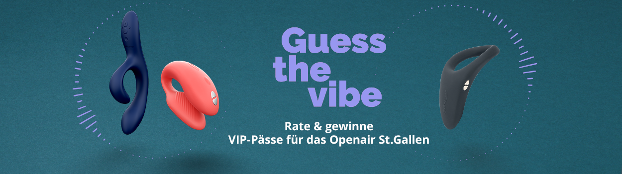 Ein We-Vibe Nova, Chorus & Verge auf blauem Hintergrund mit dem Text "Guess the Vibe, gewinne VIP-Pässe für das Openair St.Gallen"