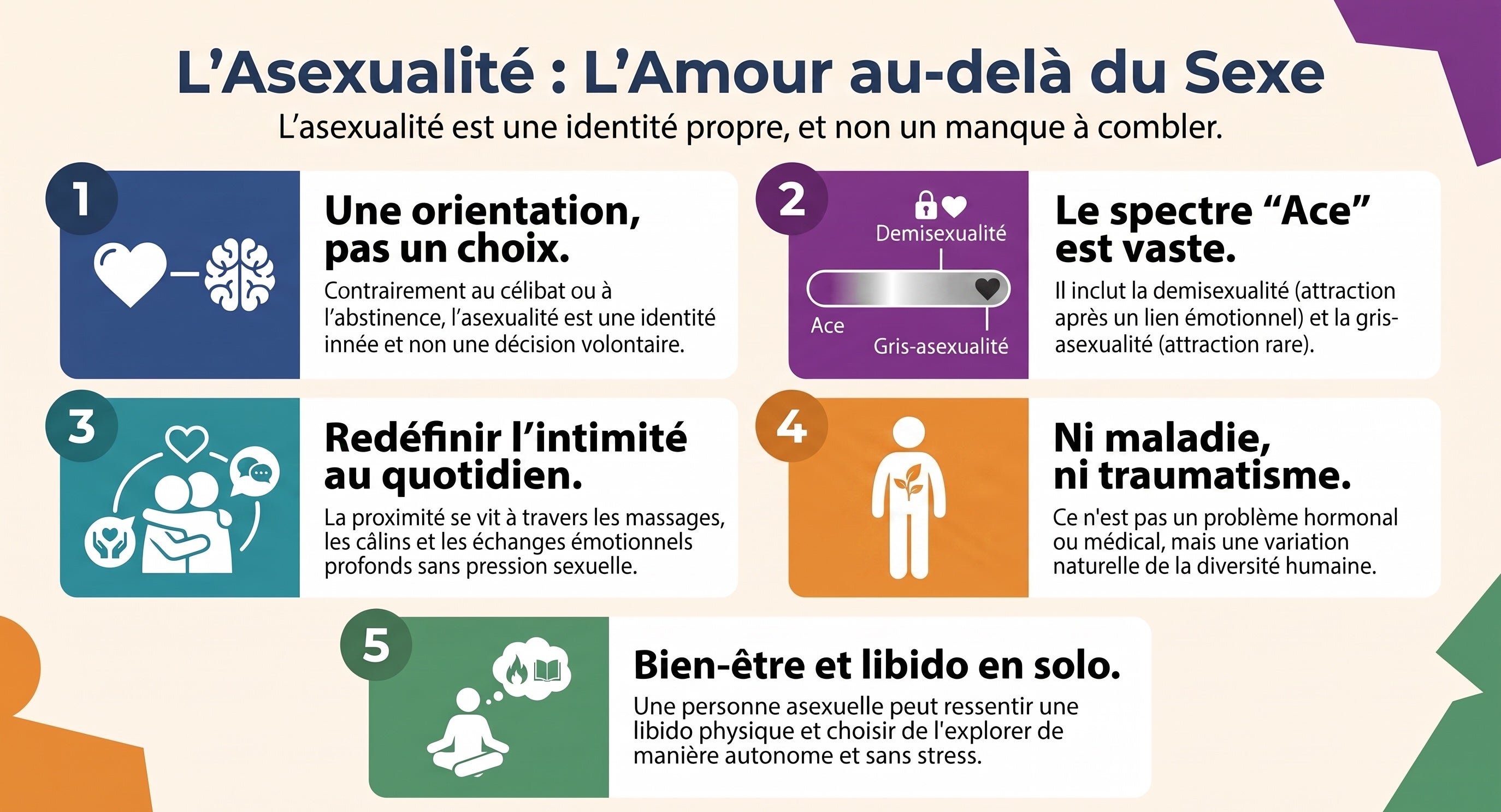 Infographie sur l'asexualit&eacute; en tant qu'orientation sexuelle. Elle explique le spectre de l'asexualit&eacute;, distingue l'asexualit&eacute; du c&eacute;libat et souligne que l'intimit&eacute;, la proximit&eacute; et la sensualit&eacute; sont possibles m&ecirc;me en l'absence de d&eacute;sir sexuel.