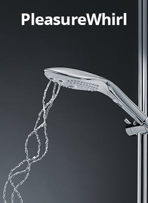 Womanizer Wave Duschkopf auf grauem Hintergrund mit der Aufschrift 'PleasureWhirl'.