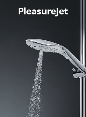 Womanizer Wave Duschkopf auf grauem Hintergrund mit der Aufschrift 'PleasureJet'.