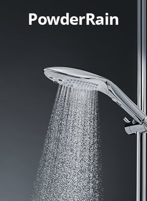Womanizer Wave Duschkopf auf grauem Hintergrund mit der Aufschrift 'PowderRain'.