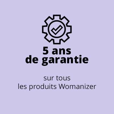 Texte : "Garantie de 5 ans sur tous les produits Womanizer" : "Garantie de 5 ans sur tous les produits Womanizer 