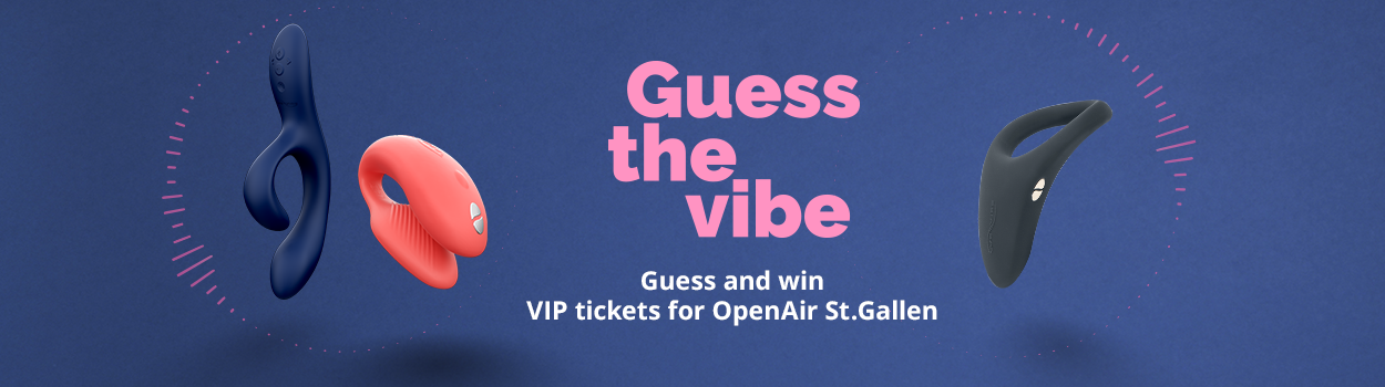 A We-Vibe Nova, Chorus & Verge on a blue background with the text "Guess the Vibe, win VIP tickets for the OpenAir St.Gallen"