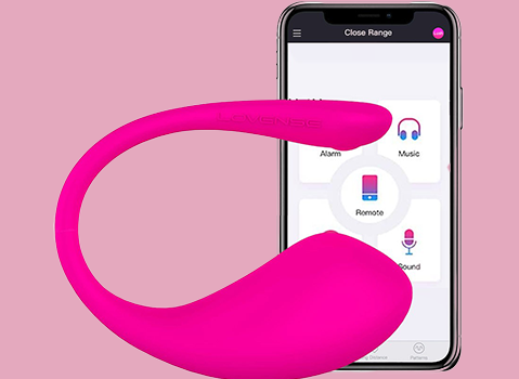 Lovense Lush 3 vibrating love egg in pink with a smartphone showing the Lovense app