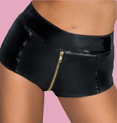 A model wearing black PVC shorts